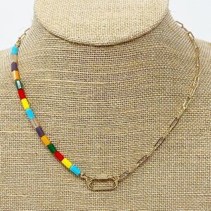 Rainbow Beaded Gold Paperclip Chain Carabiner Necklace